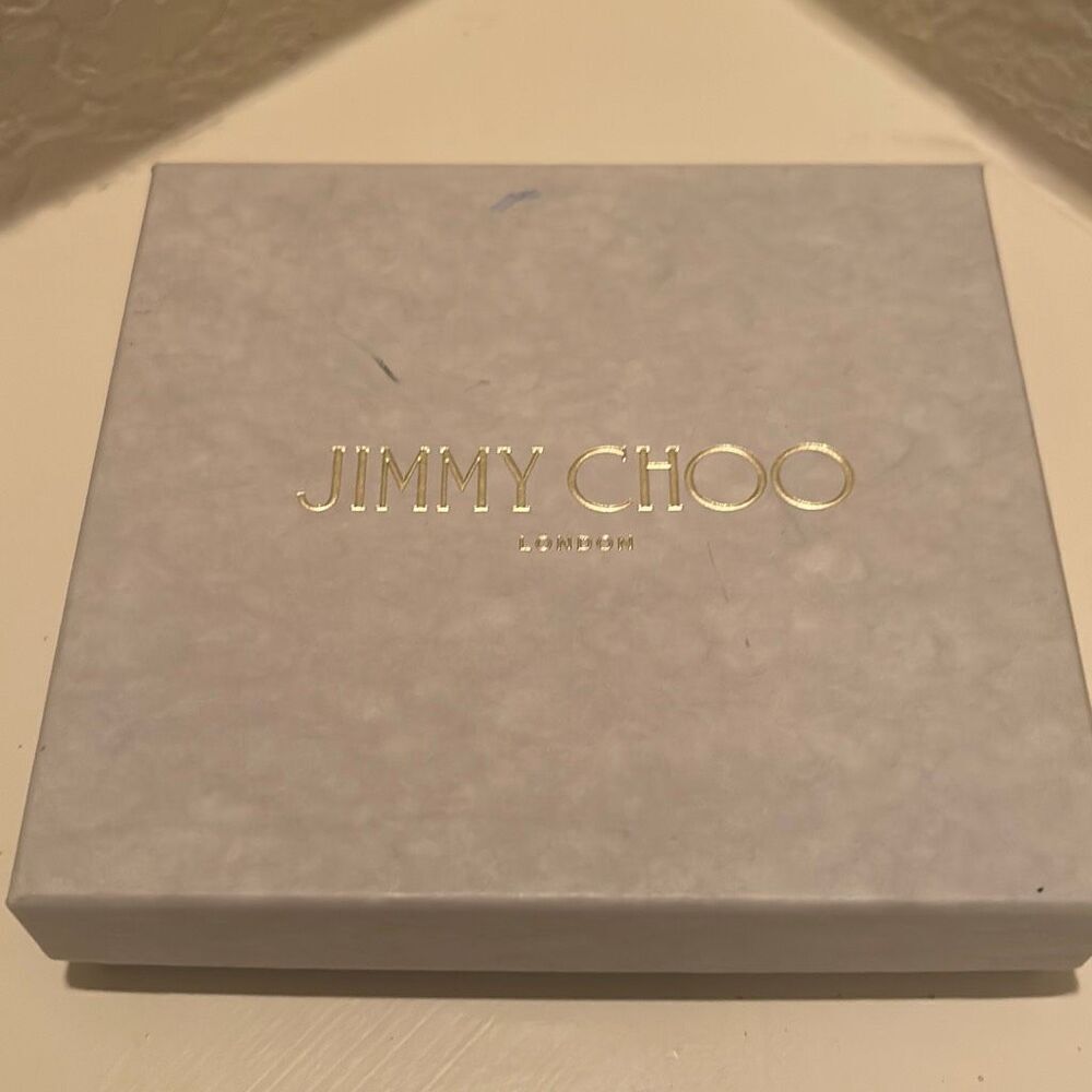 Jimmy Choo Small Square Box Light Gray Gold Lettering Luxury Storage Decor